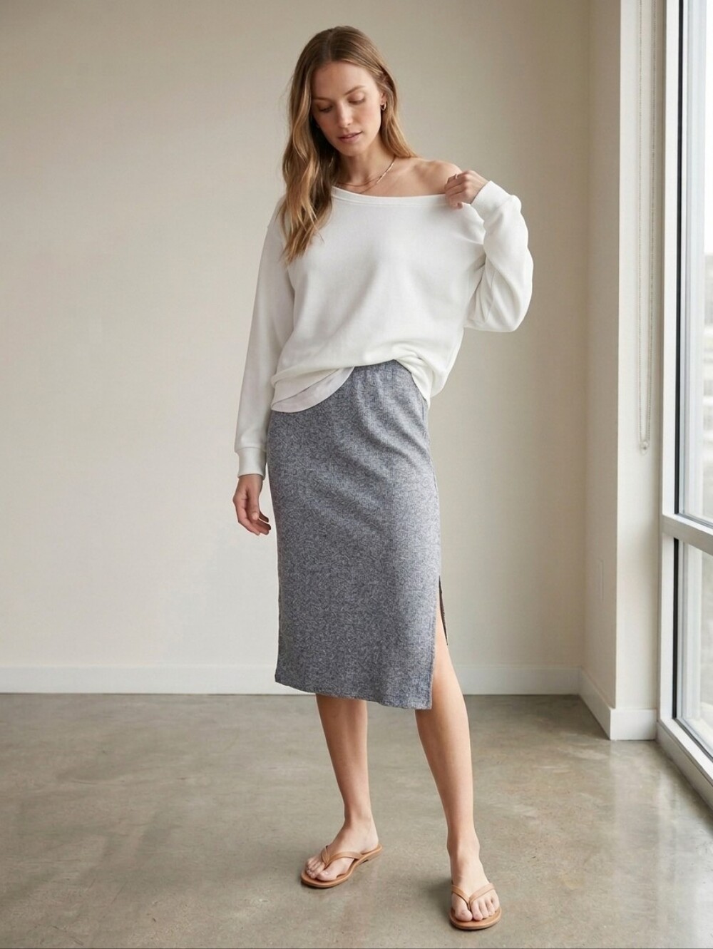Chaser Linen Rib Midi Pencil Skirt with Slit Sz Small NWT